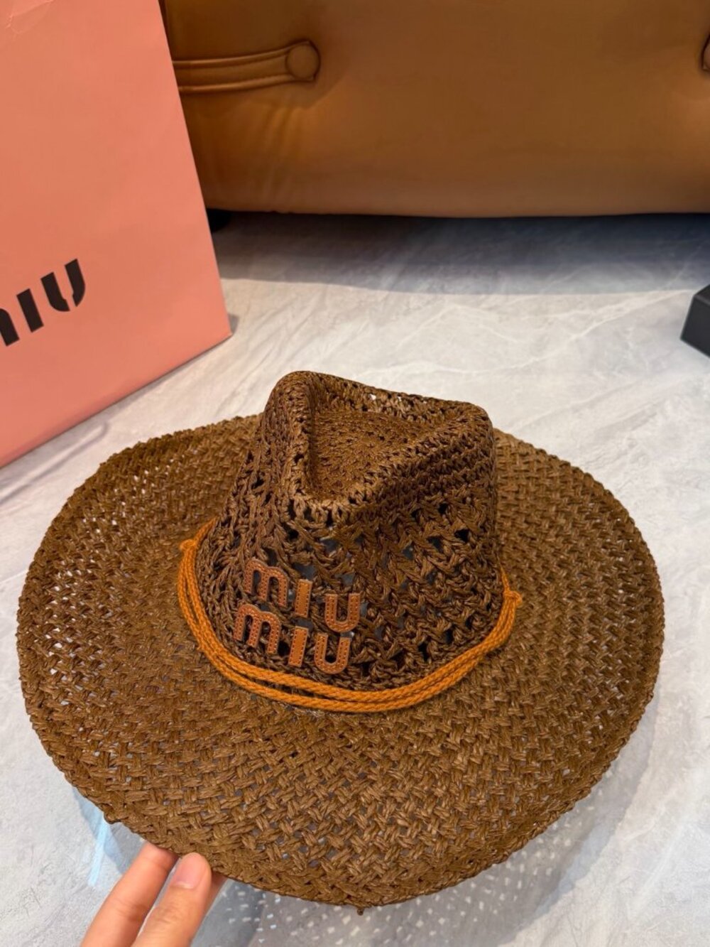 🤎Miu Miu Brown Woven Straw Cowboy Hat Tassel Chin Strap Logo Western Summer Sun